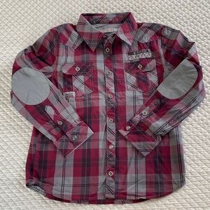 Boboli unisex Kids western style Shirt Wine & Gray plaid Elbow patches Size 8